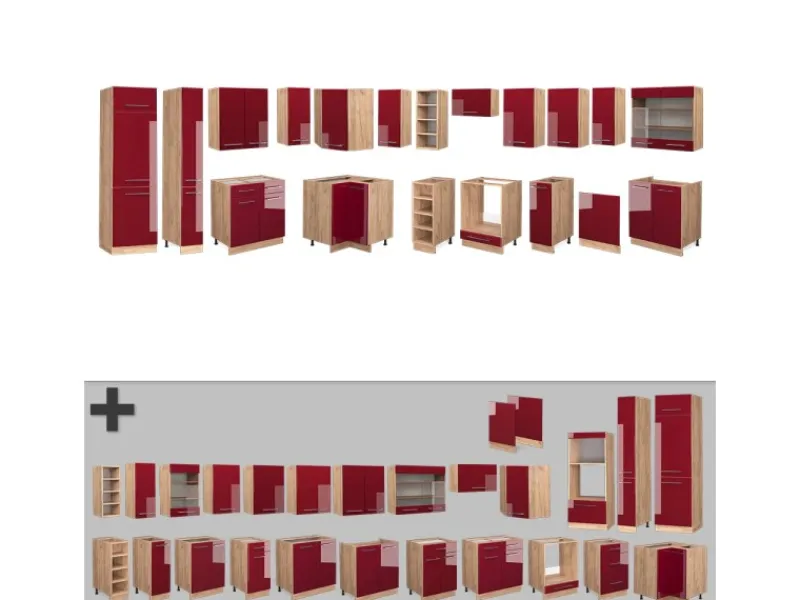 Vicco Fame-Line Eckküche Bordeaux Hochglanz/Goldkraft Eiche 347 x 257 cm ohne Arbeitsplatte ohne E-Geräte< Winkelküchen