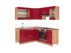 Vicco Fame-Line Eckküche Bordeaux Hochglanz/Goldkraft Eiche 160 x 190 cm AP Eiche ohne E-Geräte< Winkelküchen