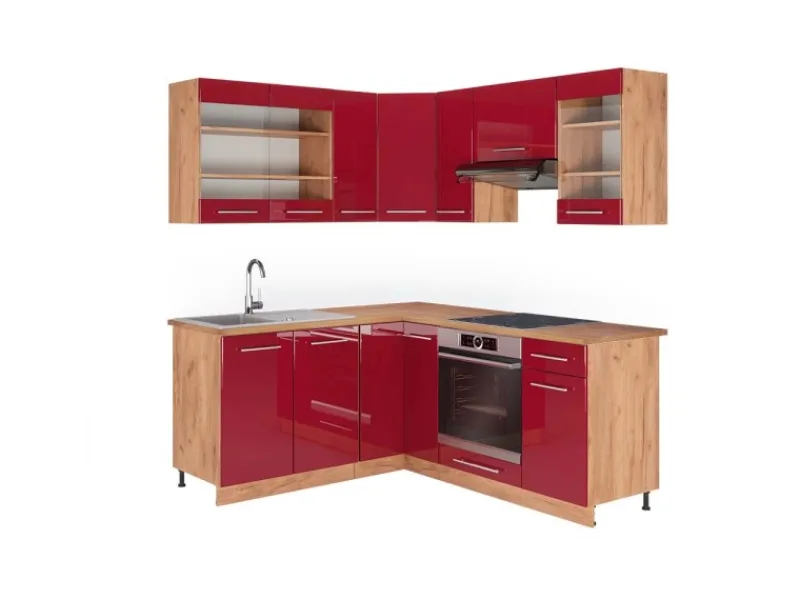 Vicco Fame-Line Eckküche Bordeaux Hochglanz/Goldkraft Eiche 160 x 190 cm AP Eiche ohne E-Geräte< Winkelküchen