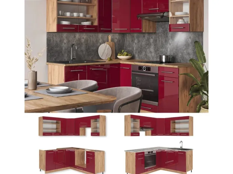 Vicco Fame-Line Eckküche Bordeaux Hochglanz/Goldkraft Eiche 160 x 190 cm AP Eiche ohne E-Geräte< Winkelküchen