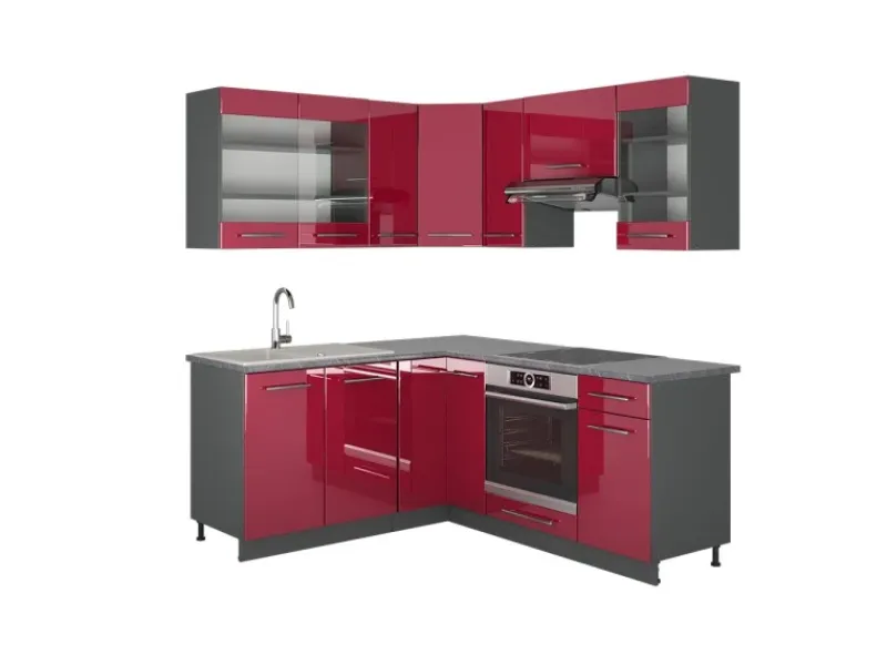 Outlet Vicco Fame-Line Eckküche Bordeaux Hochglanz/Anthrazit 160 x 190 cm AP Anthrazit ohne E-Geräte Brilliant Bordeaux