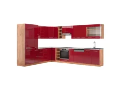 Hot Vicco Fame-Line Eckküche Bordeaux Hochglanz/Goldkraft Eiche 347 x 257 cm AP Marmor ohne E-Geräte Bordeaux-Glanz