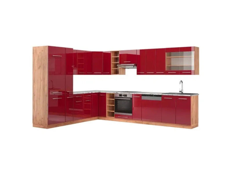 Hot Vicco Fame-Line Eckküche Bordeaux Hochglanz/Goldkraft Eiche 347 x 257 cm AP Marmor ohne E-Geräte Bordeaux-Glanz