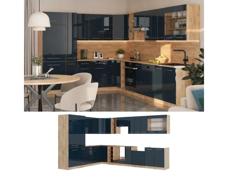 Vicco Fame-Line Eckküche Hochglanz/Goldkraft Eiche 257 x 60 cm ohne Arbeitsplatte ohne E-Geräte< Einbauküchen|Winkelküchen