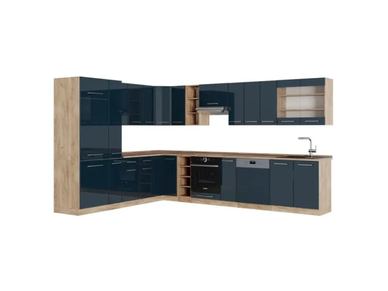 Winkelküchen|Einbauküchen<Vicco Fame-Line Eckküche Hochglanz/Goldkraft Eiche 257 x 60 cm AP Eiche ohne E-Geräte