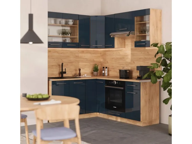 Vicco Fame-Line Eckküche Hochglanz/Goldkraft Eiche 160 x 190 cm AP Marmor ohne E-Geräte< Winkelküchen