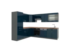 Outlet Vicco Fame-Line Eckküche Hochglanz/Anthrazit 227 x 287 cm AP Eiche ohne E-Geräte Dunkelblau