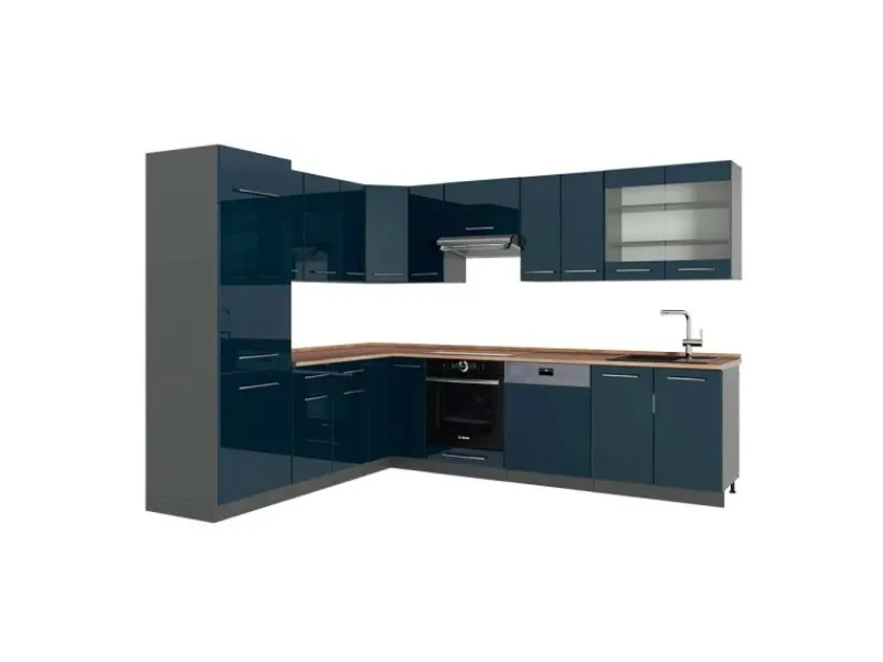 Outlet Vicco Fame-Line Eckküche Hochglanz/Anthrazit 227 x 287 cm AP Eiche ohne E-Geräte Dunkelblau