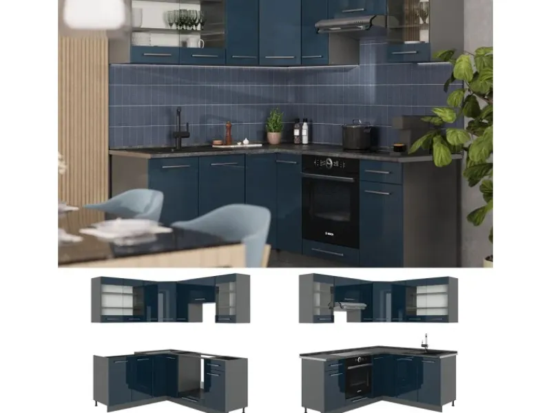 Winkelküchen<Vicco Fame-Line Eckküche Hochglanz/Anthrazit 160 x 190 cm AP Eiche ohne E-Geräte