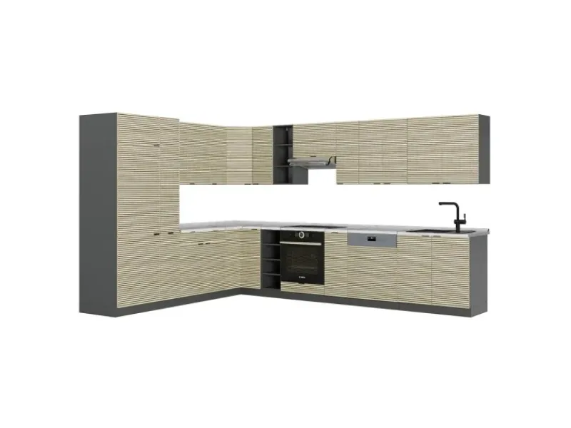 Clearance Vicco Fame-Line Eckküche Eiche Paneel/Anthrazit 347 x 257 cm AP Marmor ohne E-Geräte Brauhaus Eiche