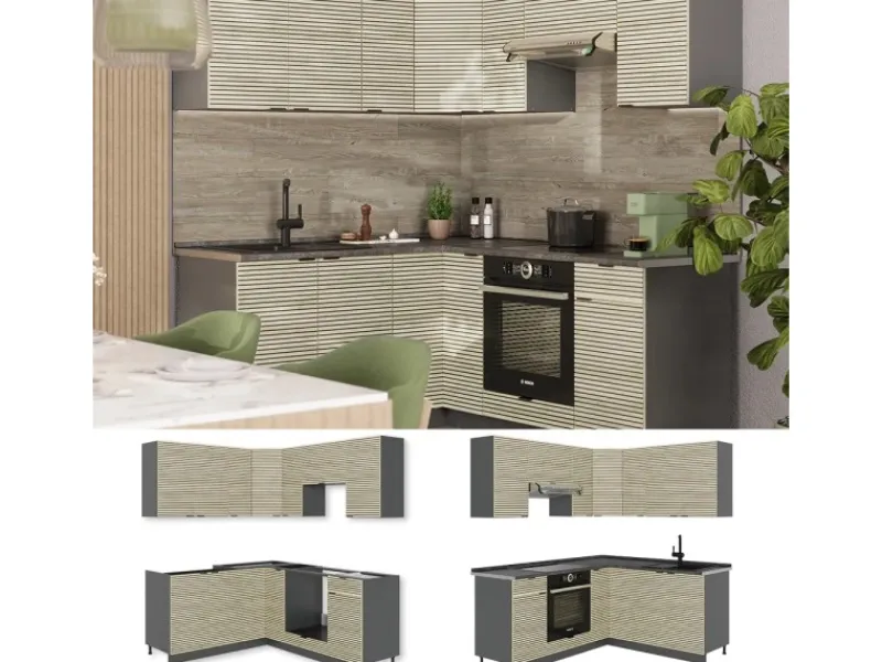 Clearance Vicco Fame-Line Eckküche Eiche Paneel/Anthrazit 160 x 190 cm AP Eiche ohne E-Geräte Brauhaus Eiche
