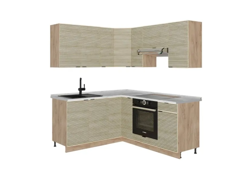 Vicco Fame-Line Eckküche Eiche Paneel/Goldkraft Eiche 160 x 190 cm AP Marmor ohne E-Geräte< Winkelküchen|Küchenschränke