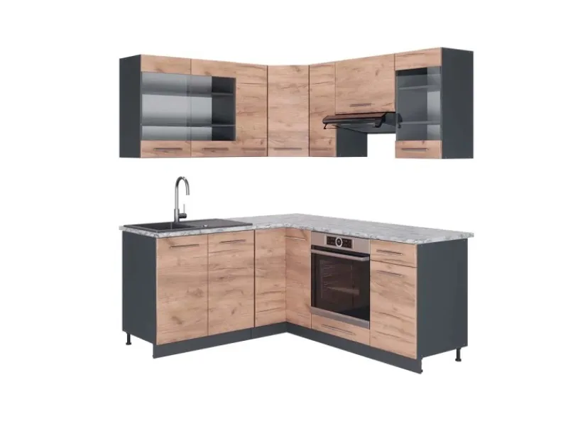 Outlet Vicco Fame-Line Eckküche Goldkraft Eiche/Anthrazit 160 x 190 cm AP Marmor ohne E-Geräte Anthrazit-Eiche