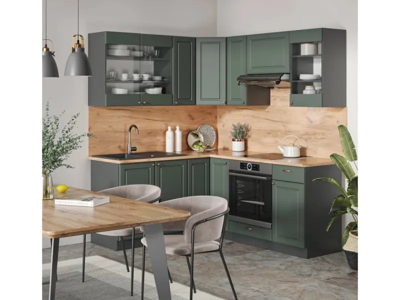 Clearance Vicco Fame-Line Eckküche -Gold Landhaus/Anthrazit 160 x 190 cm AP Marmor ohne E-Geräte Grün