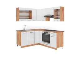 Vicco Fame-Line Eckküche Weiß Hochglanz/Goldkraft Eiche 160 x 190 cm AP Eiche ohne E-Geräte< Winkelküchen