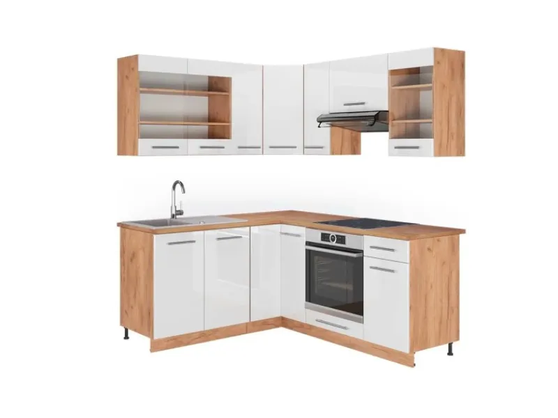 Vicco Fame-Line Eckküche Weiß Hochglanz/Goldkraft Eiche 160 x 190 cm AP Eiche ohne E-Geräte< Winkelküchen