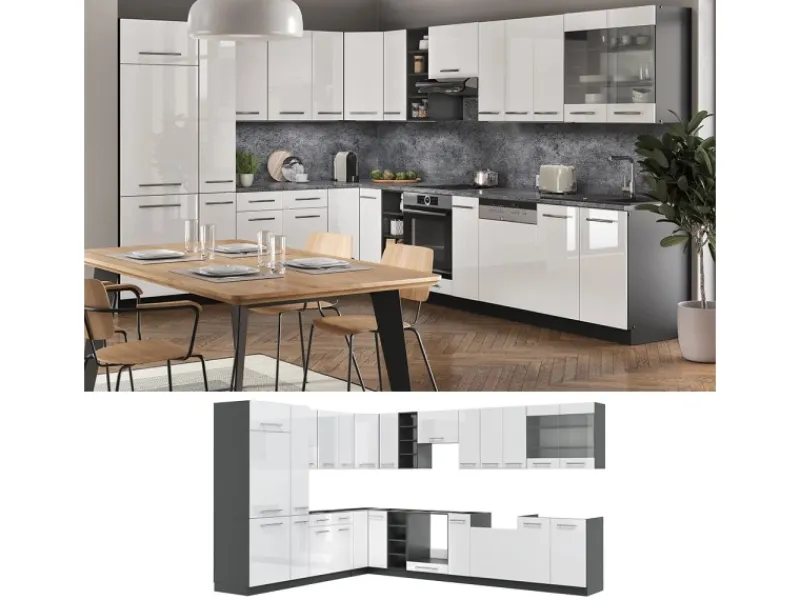 Winkelküchen<Vicco Fame-Line Eckküche /Anthrazit 347 x 257 cm AP Marmor ohne E-Geräte