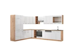 Winkelküchen<Vicco Fame-Line Eckküche Weiß Hochglanz/Goldkraft Eiche 347 x 257 cm ohne Arbeitsplatte ohne E-Geräte
