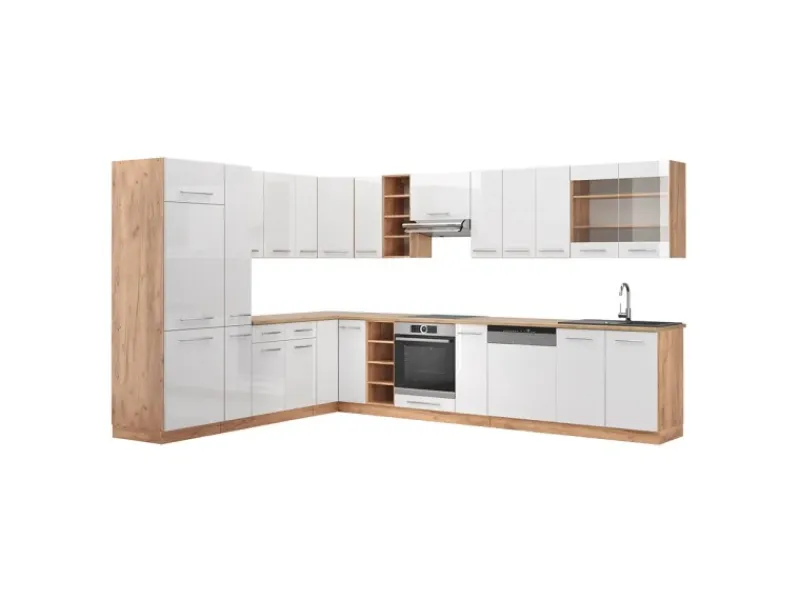 Winkelküchen<Vicco Fame-Line Eckküche Weiß Hochglanz/Goldkraft Eiche 347 x 257 cm ohne Arbeitsplatte ohne E-Geräte