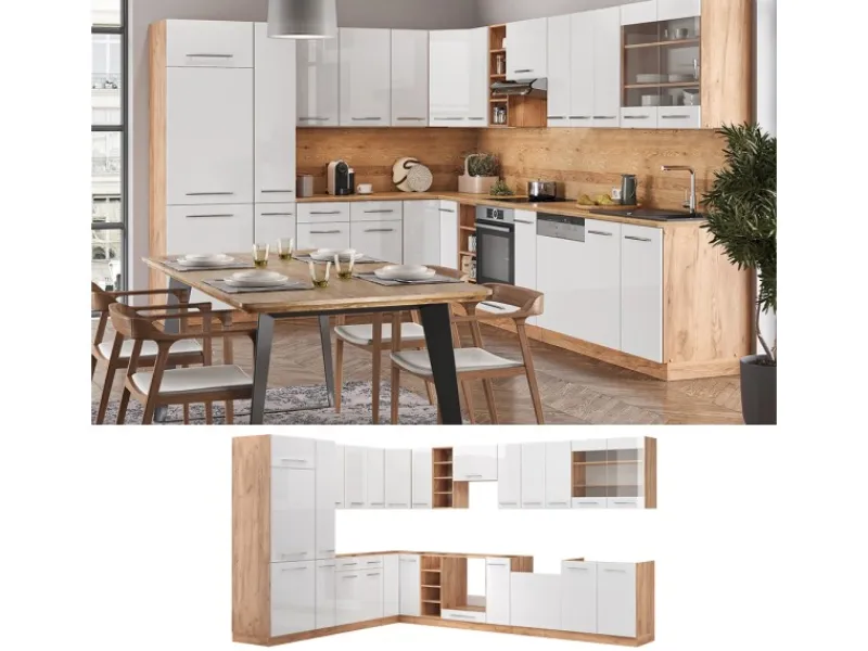 Winkelküchen<Vicco Fame-Line Eckküche Weiß Hochglanz/Goldkraft Eiche 347 x 257 cm AP Eiche ohne E-Geräte