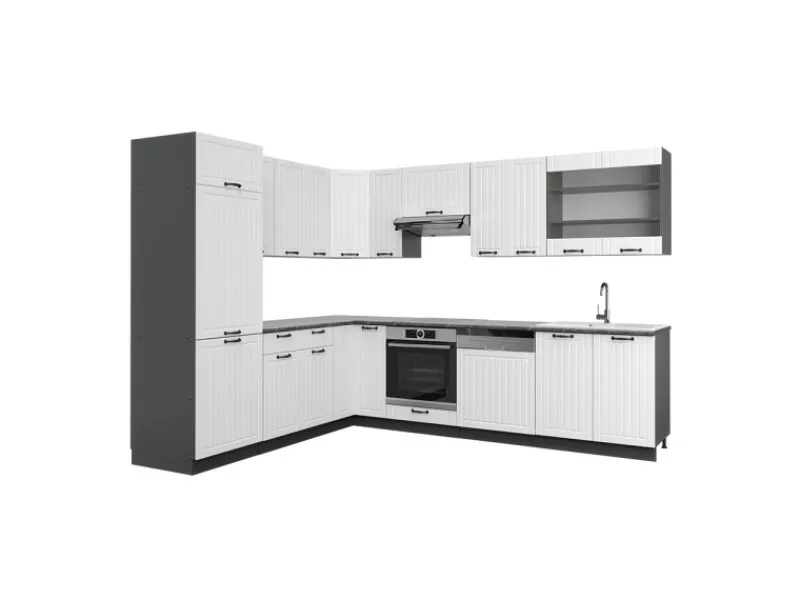 Winkelküchen<Vicco Fame-Line Eckküche Weiß Landhaus/Anthrazit 227 x 60 cm ohne Arbeitsplatte ohne E-Geräte