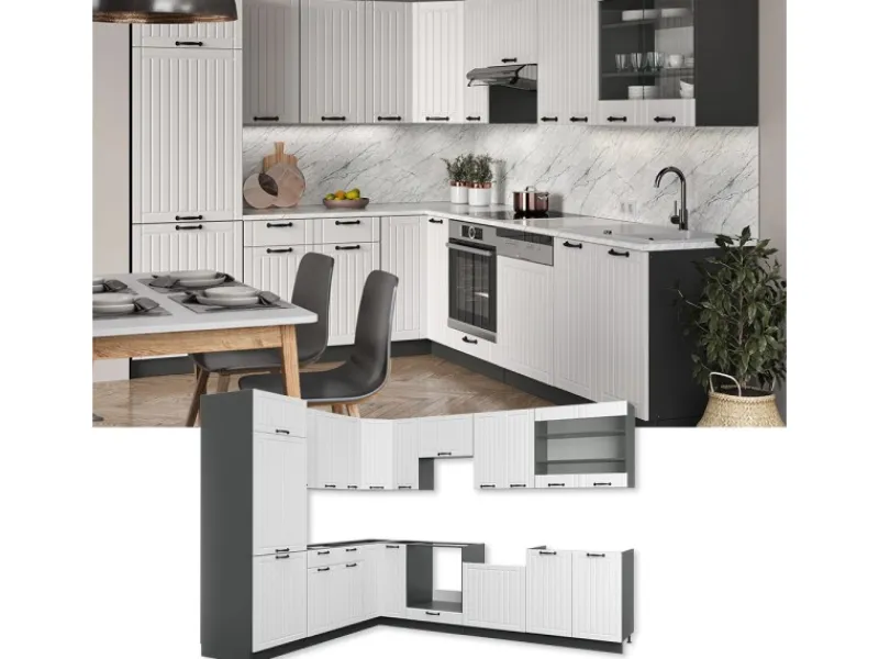Winkelküchen<Vicco Fame-Line Eckküche Weiß Landhaus/Anthrazit 227 x 60 cm ohne Arbeitsplatte ohne E-Geräte