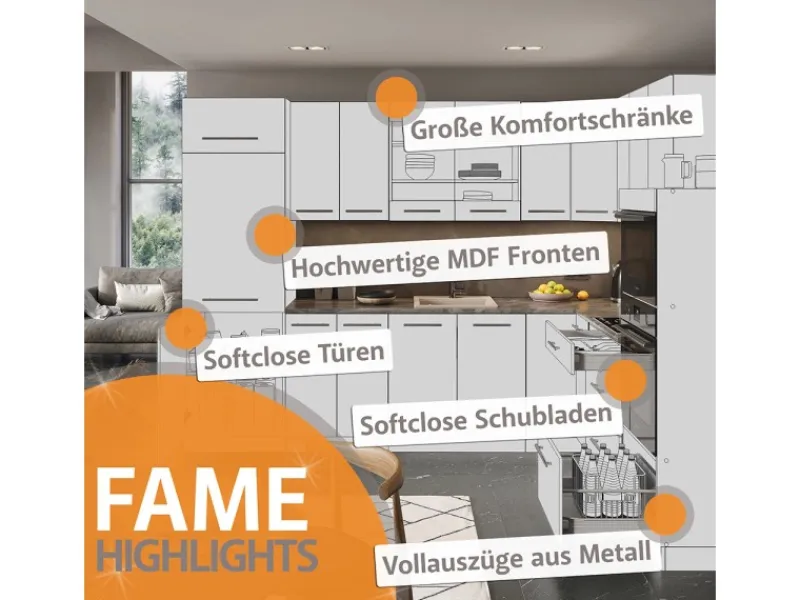 Winkelküchen<Vicco Fame-Line Eckküche Weiß Landhaus/Anthrazit 227 x 60 cm ohne Arbeitsplatte ohne E-Geräte
