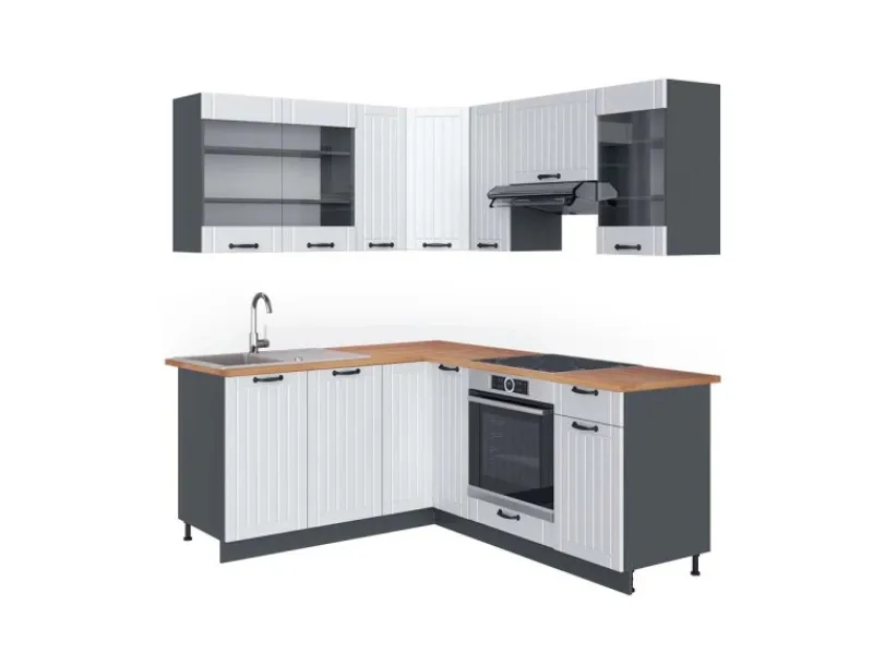Sale Vicco Fame-Line Eckküche Weiß Landhaus/Anthrazit 160 x 190 cm AP Eiche ohne E-Geräte Weiß Strukturiert
