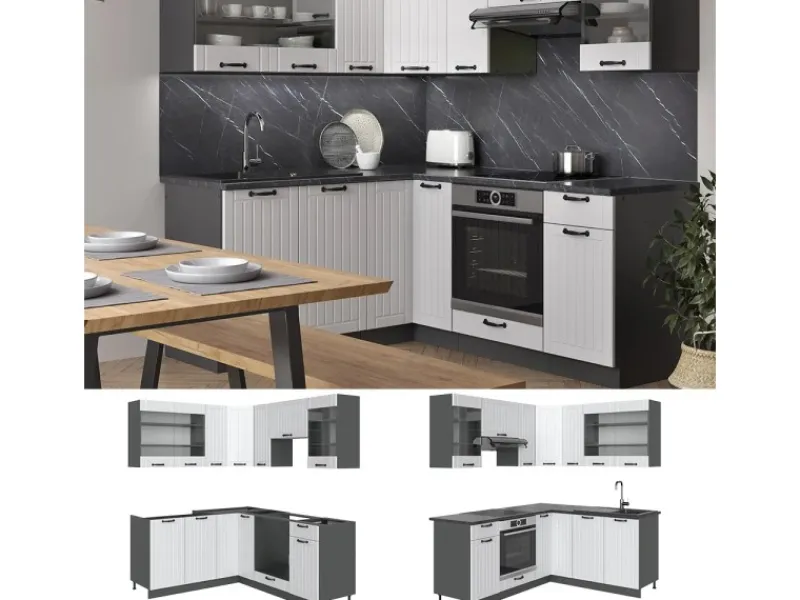 Sale Vicco Fame-Line Eckküche Weiß Landhaus/Anthrazit 160 x 190 cm AP Eiche ohne E-Geräte Weiß Strukturiert