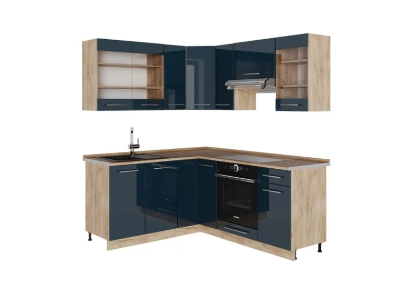 Sale Vicco Fame-Line Küchenschränke Hochglanz/Goldkraft Eiche 160 x 190 cm AP Eiche ohne E-Geräte Dunkelblau