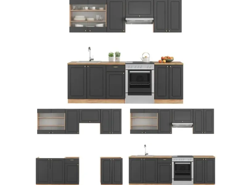 Einbauküchen<Vicco Fame-Line Küchenschränke Anthrazit Landhaus/Goldkraft Eiche 240 cm AP Eiche ohne E-Geräte