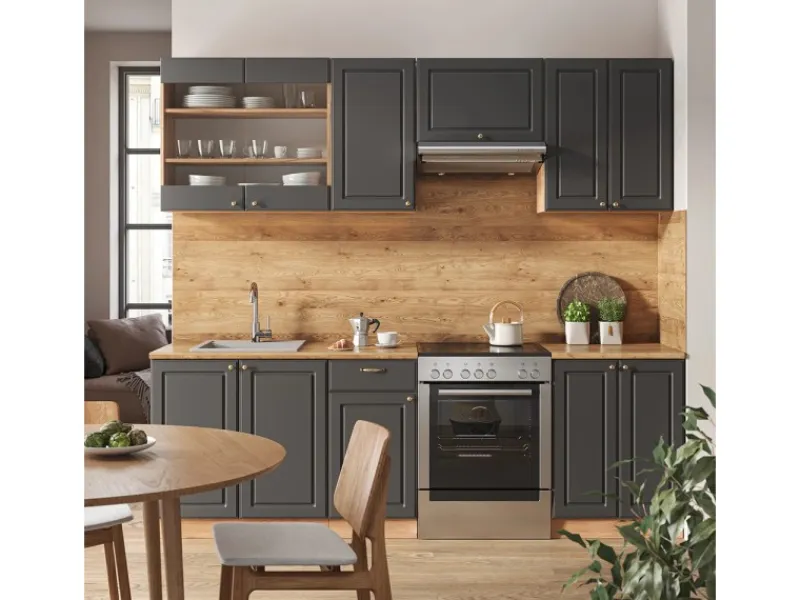 Einbauküchen<Vicco Fame-Line Küchenschränke Anthrazit Landhaus/Goldkraft Eiche 240 cm AP Eiche ohne E-Geräte