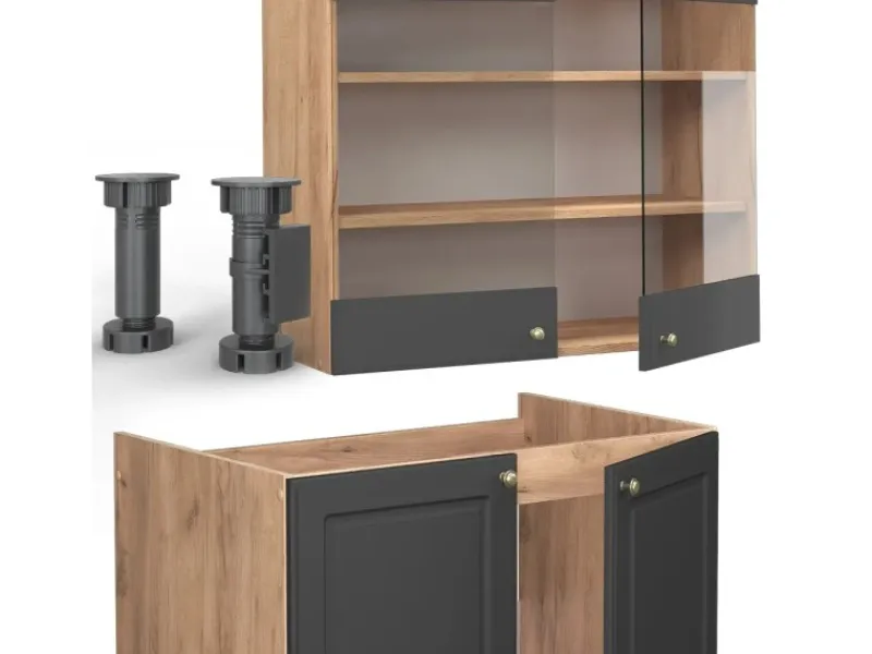 Einbauküchen<Vicco Fame-Line Küchenschränke Anthrazit Landhaus/Goldkraft Eiche 240 cm AP Eiche ohne E-Geräte