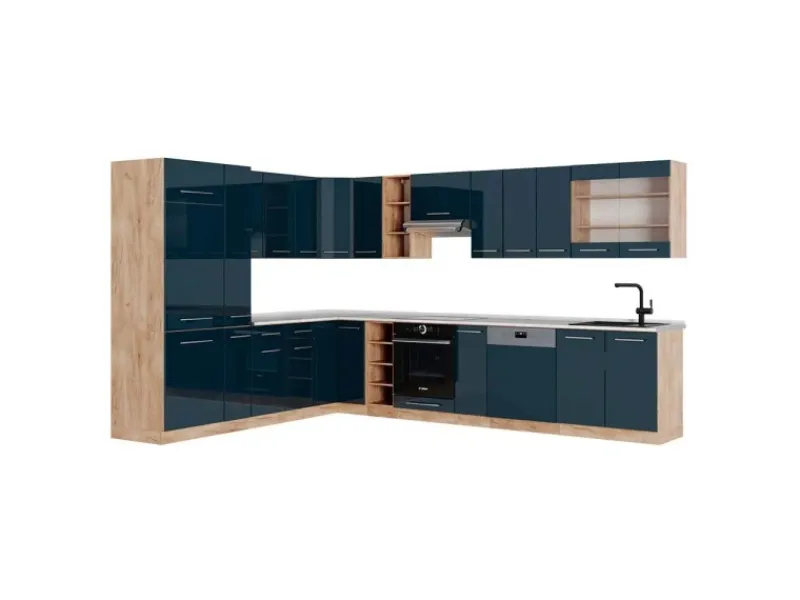 Vicco Fame-Line Küchenschränke Hochglanz/Goldkraft Eiche 257 x 60 cm AP Marmor ohne E-Geräte< Winkelküchen|Einbauküchen