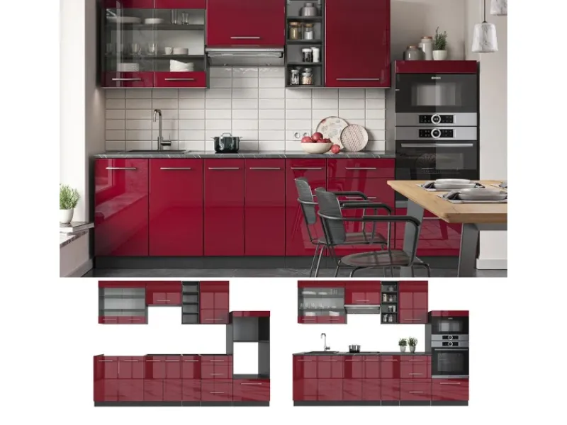 Einbauküchen<Vicco Fame-Line Küchenschränke Bordeaux Hochglanz/Anthrazit 280 cm AP Anthrazit ohne E-Geräte