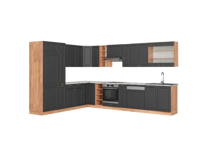 Vicco Fame-Line Küchenschränke Anthrazit Landhaus/Goldkraft Eiche 347 x 257 cm AP Marmor ohne E-Geräte< Winkelküchen