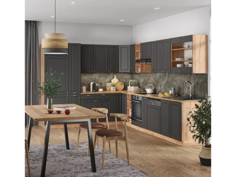 Vicco Fame-Line Küchenschränke Anthrazit Landhaus/Goldkraft Eiche 347 x 257 cm AP Marmor ohne E-Geräte< Winkelküchen