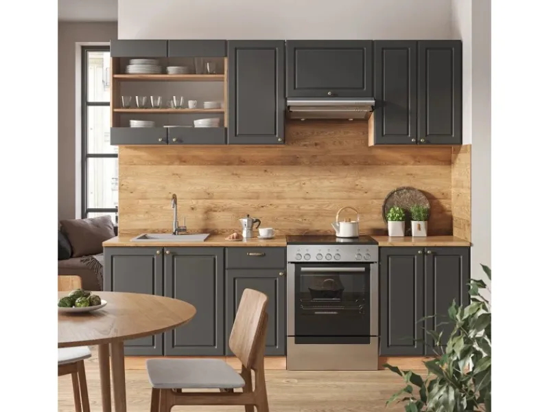 Einbauküchen<Vicco Fame-Line Küchenschränke Anthrazit Landhaus/Goldkraft Eiche 240 cm AP Marmor ohne E-Geräte