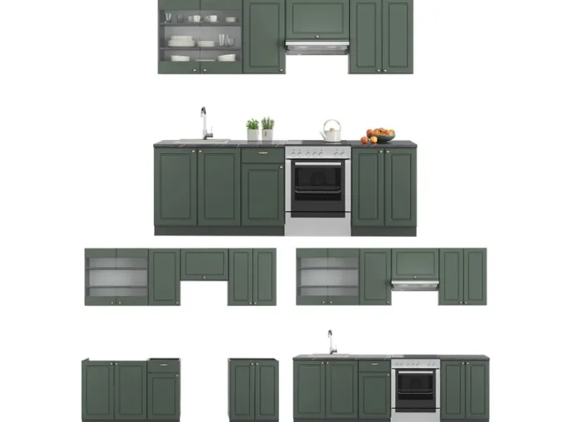 Vicco Fame-Line Küchenschränke -Gold Landhaus/Anthrazit 240 cm AP Anthrazit ohne E-Geräte Grün