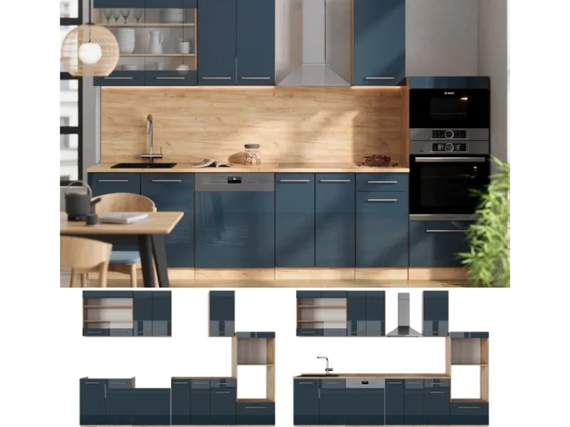 Vicco Fame-Line Küchenschränke Hochglanz/Goldkraft Eiche 300 cm mit HochschrankAP Eiche ohne E-Geräte< Küchenschränke
