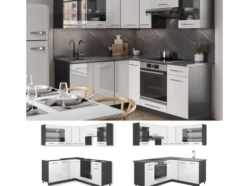 Outlet Vicco Fame-Line Küchenschränke /Anthrazit 160 x 60 cm ohne Arbeitsplatte ohne E-Geräte Weiß Hochglanz
