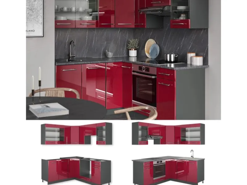 Vicco Fame-Line Küchenschränke Bordeaux Hochglanz/Anthrazit 160 x 60 cm ohne Arbeitsplatte ohne E-Geräte< Winkelküchen|Küchenschränke