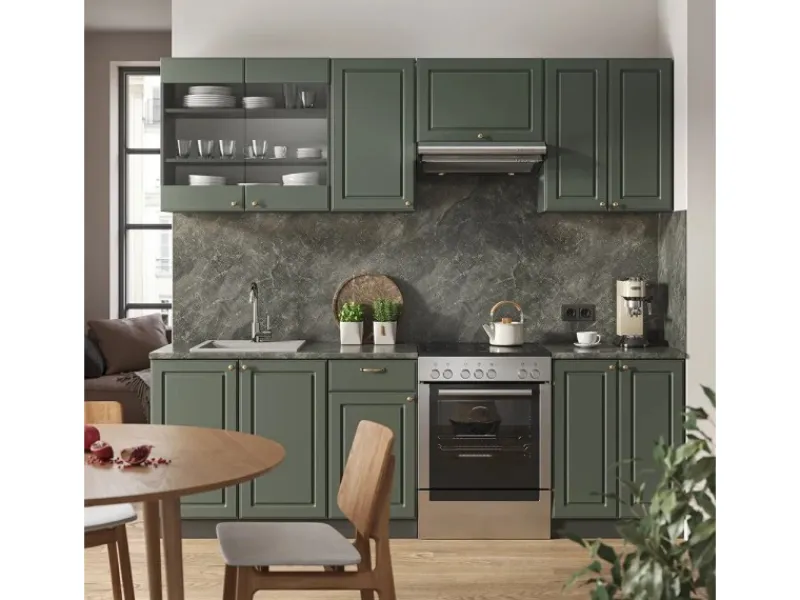Discount Vicco Fame-Line Küchenschränke -Gold Landhaus/Anthrazit 240 cm AP Eiche ohne E-Geräte Grün
