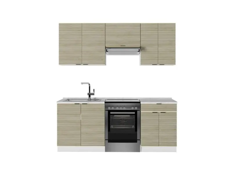 Vicco Fame-Line Küchenschränke Eiche Paneel/Weiß 200 cm AP Marmor ohne E-Geräte< Einbauküchen