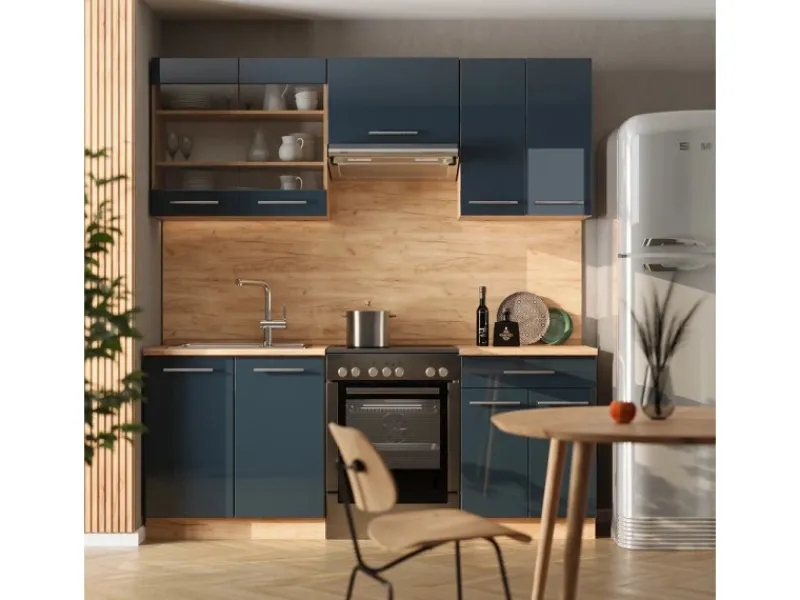 Hot Vicco Fame-Line Küchenschränke Hochglanz/Goldkraft Eiche 200 cm AP Marmor ohne E-Geräte Dunkelblau