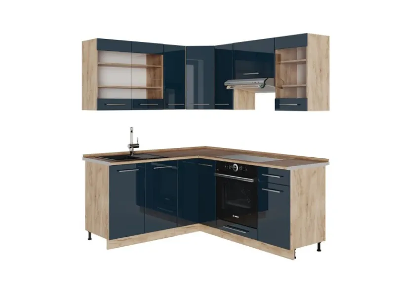 Best Vicco Fame-Line Küchenschränke Hochglanz/Goldkraft Eiche 160 x 60 cm ohne Arbeitsplatte ohne E-Geräte Dunkelblau