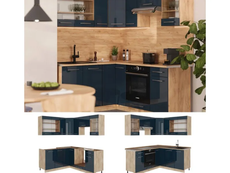 Best Vicco Fame-Line Küchenschränke Hochglanz/Goldkraft Eiche 160 x 60 cm ohne Arbeitsplatte ohne E-Geräte Dunkelblau