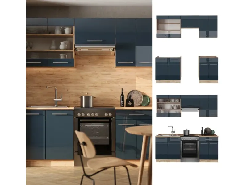 Einbauküchen<Vicco Fame-Line Küchenschränke Hochglanz/Goldkraft Eiche 200 cm AP Anthrazit ohne E-Geräte