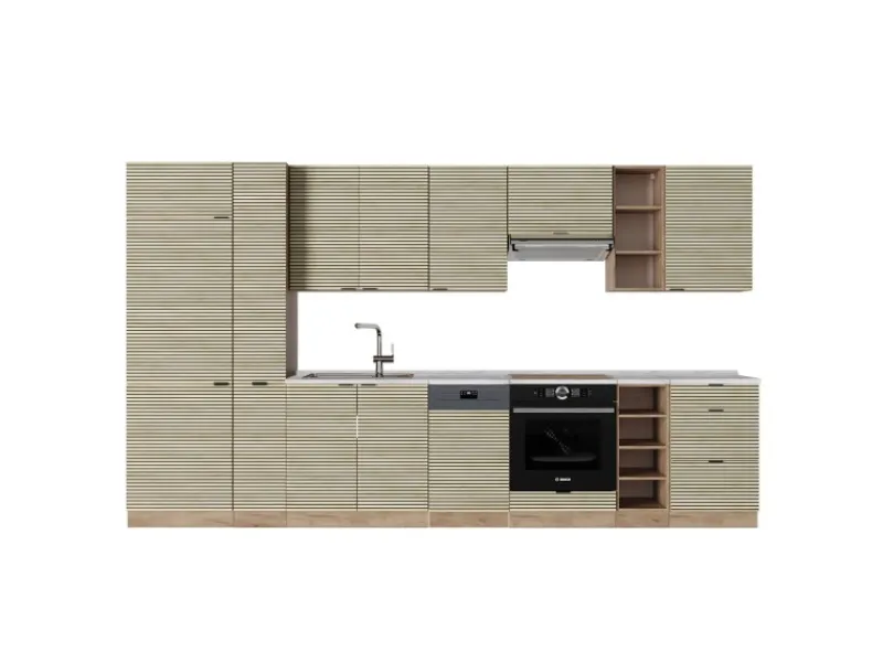 New Vicco Fame-Line Küchenzeile Eiche Paneel/Goldkraft Eiche 355 cm AP Marmor ohne E-Geräte Berghütten Eiche
