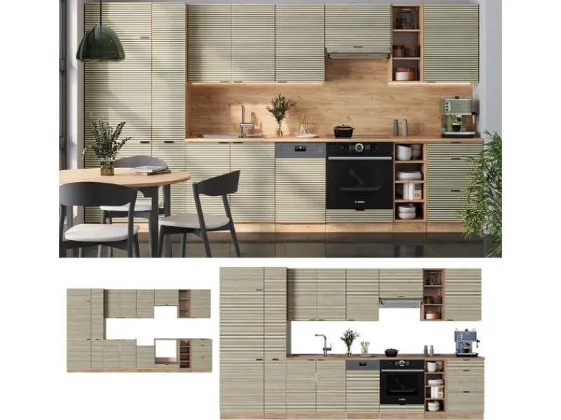 New Vicco Fame-Line Küchenzeile Eiche Paneel/Goldkraft Eiche 355 cm AP Marmor ohne E-Geräte Berghütten Eiche